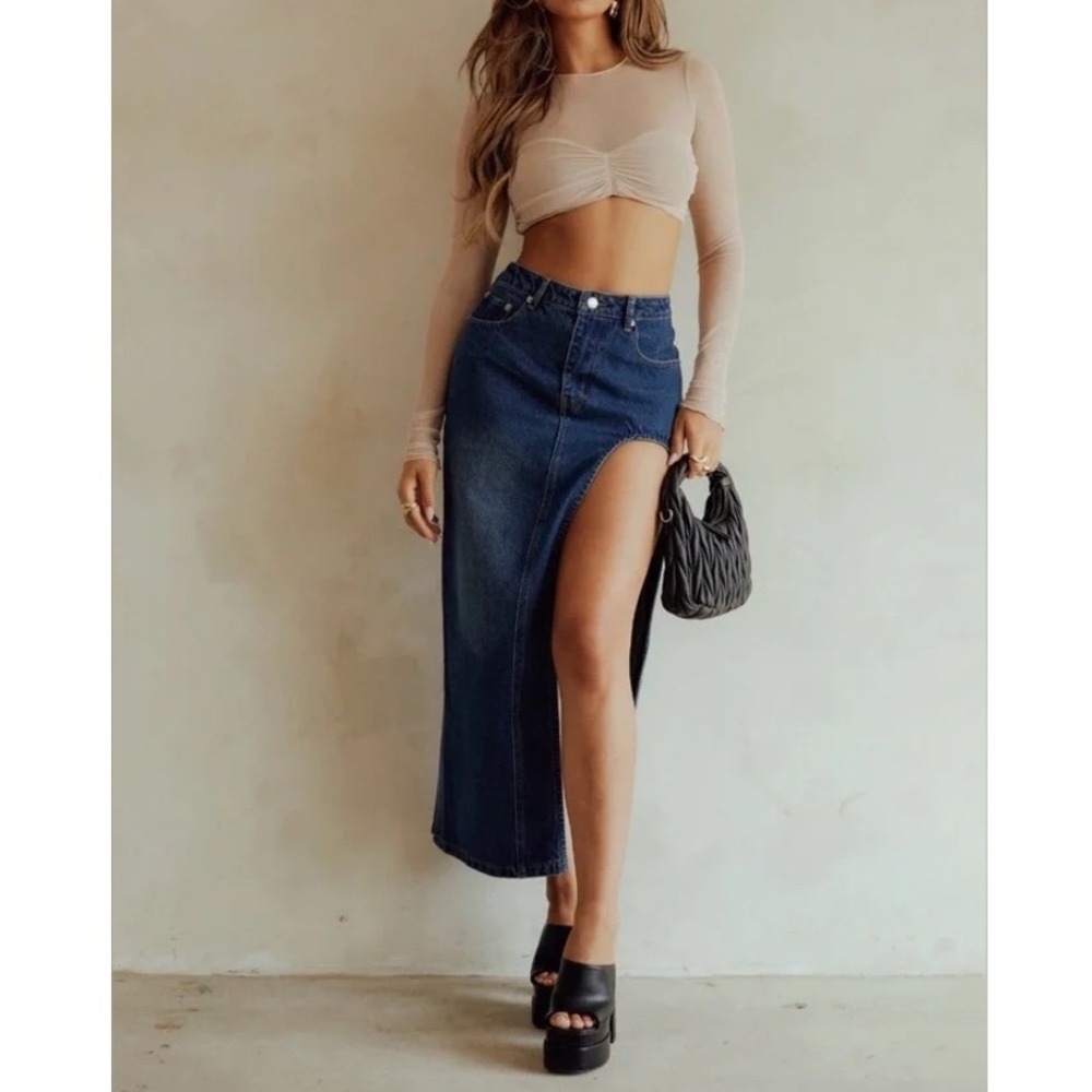 NWT Miss Lola Denim Maxi Skirt High Thigh Slit Medium Wash Blue Cut Out Festival